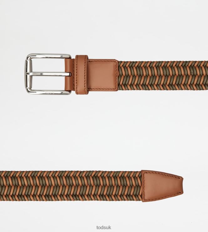 Tod's Men Belt in Fabric and Leather 602L84939 Brown/Green