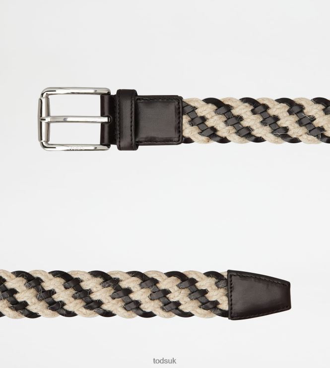 Tod's Men Belt in Leather and Jute 602L84938 Brown/Off White