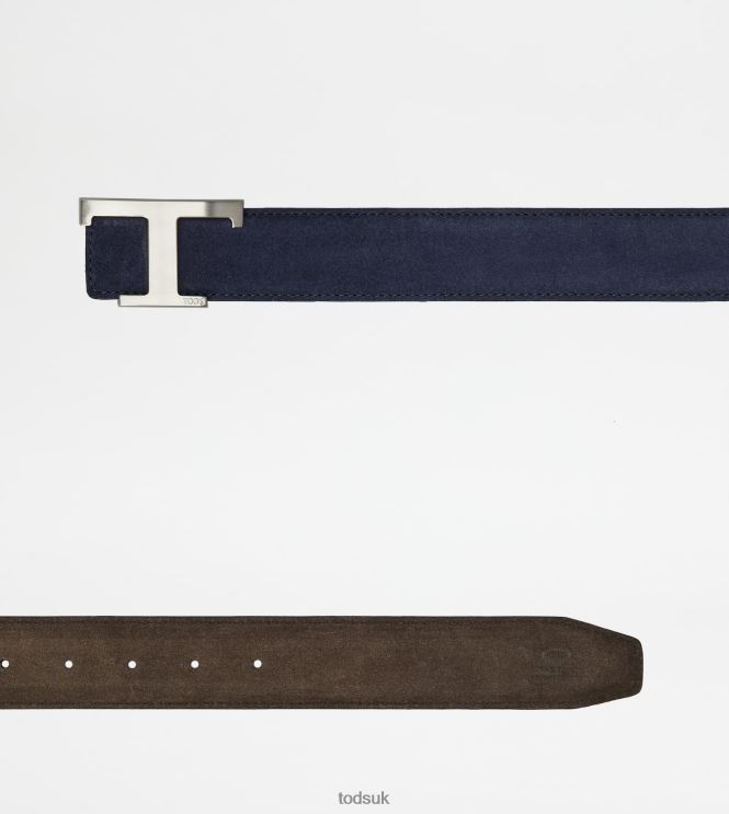 Tod's Men T Timeless Reversible Belt in Suede 602L84931 Blue/Brown