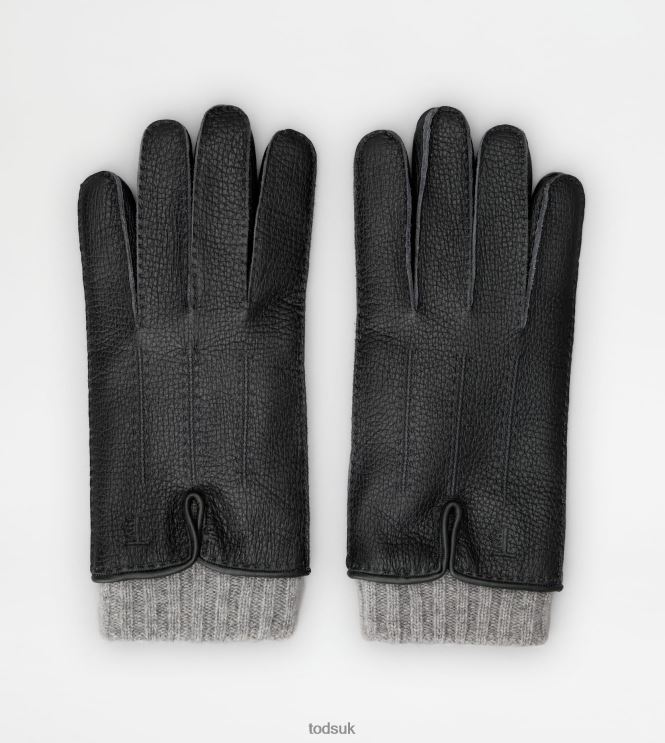 Tod's Men Gloves in Leather and Cashmere 602L841085 Black/Grey/Orange