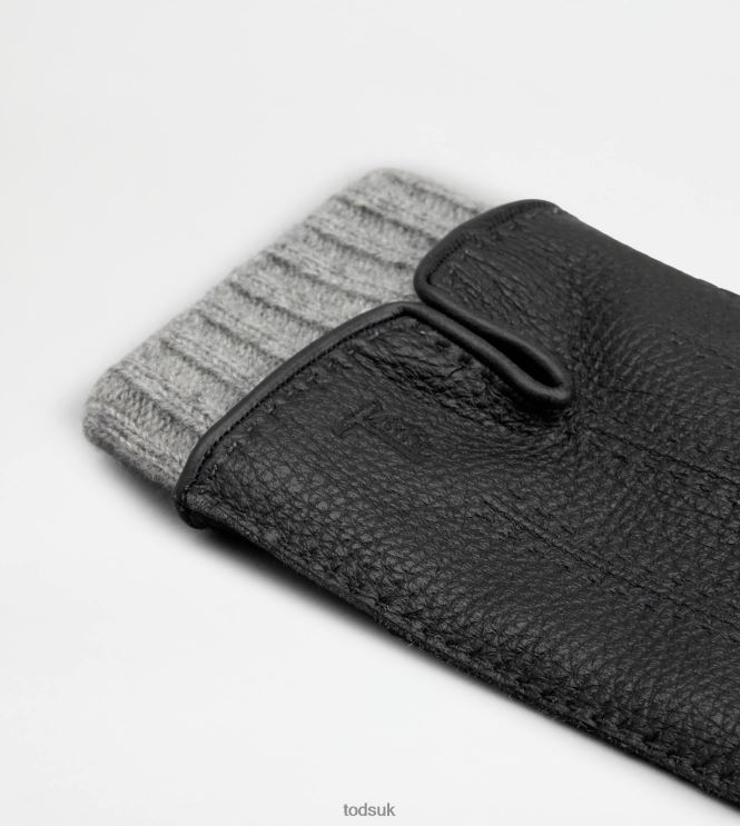 Tod's Men Gloves in Leather and Cashmere 602L841085 Black/Grey/Orange