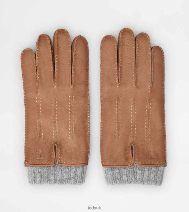 Tod's Men Gloves in Leather and Cashmere 602L841087 Brown