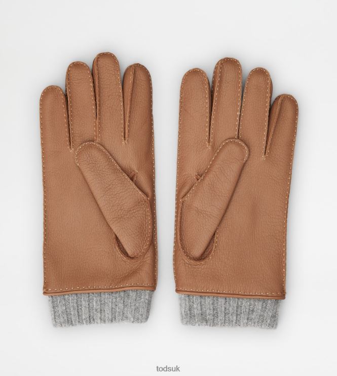 Tod's Men Gloves in Leather and Cashmere 602L841087 Brown