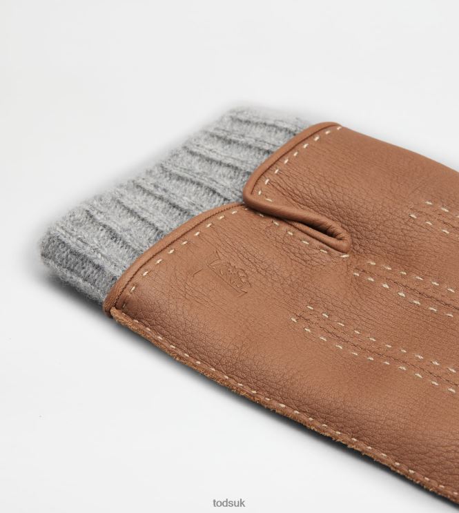 Tod's Men Gloves in Leather and Cashmere 602L841087 Brown