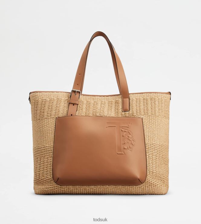 Tod's Men Shopping Bag in Cord and Leather Medium 602L841002 Beige/Brown
