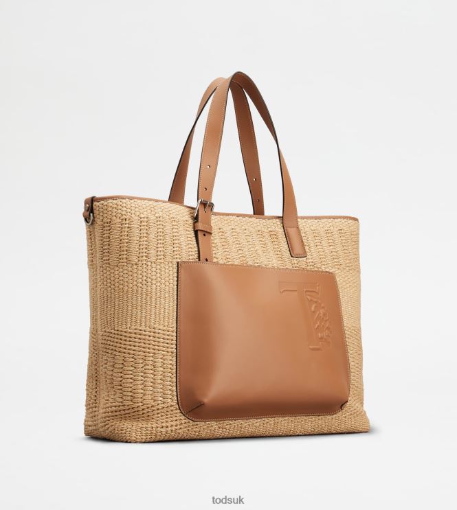 Tod's Men Shopping Bag in Cord and Leather Medium 602L841002 Beige/Brown