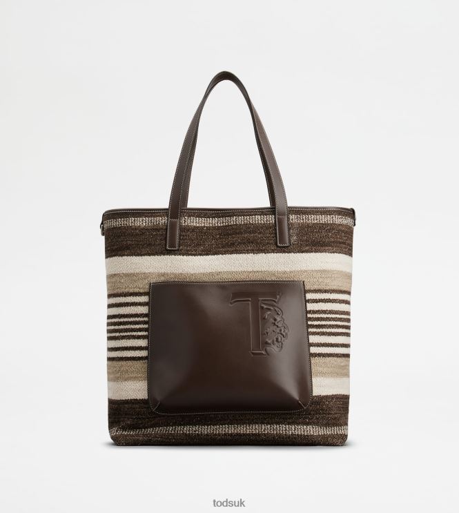Tod's Men Shopping Bag in Fabric and Leather Medium 602L841000 Brown/Beige/Off White