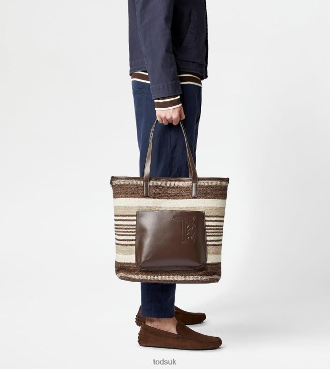 Tod's Men Shopping Bag in Fabric and Leather Medium 602L841000 Brown/Beige/Off White