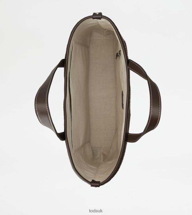 Tod's Men Shopping Bag in Fabric and Leather Medium 602L841000 Brown/Beige/Off White