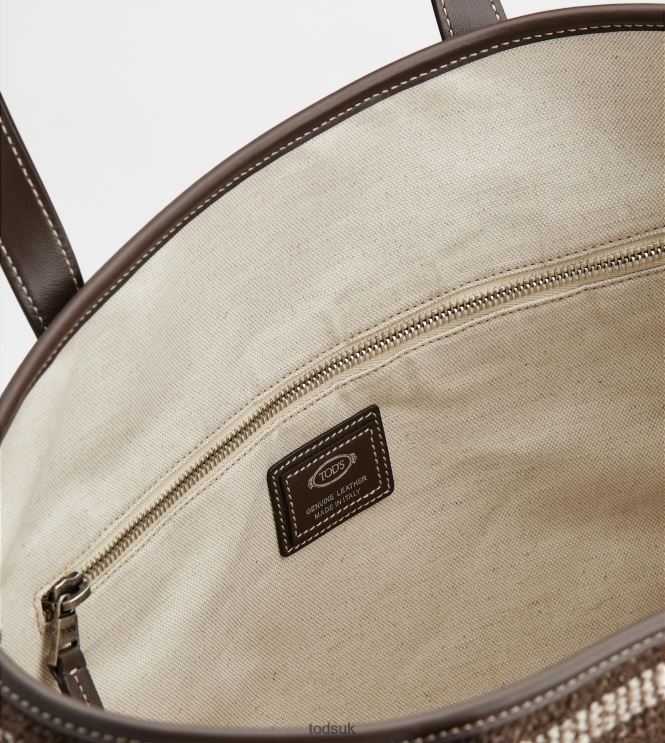 Tod's Men Shopping Bag in Fabric and Leather Medium 602L841000 Brown/Beige/Off White