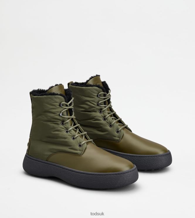 Tod's Men W. G. Lace-up Ankle Boots in Leather and Fabric 602L84802 Green