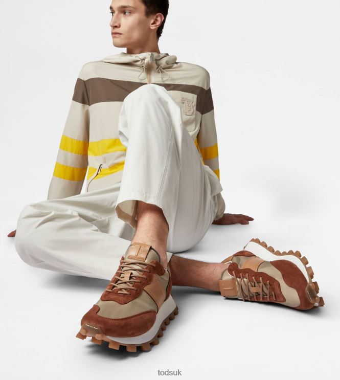 Tod's Men Sneakers 1T in Suede and Fabric 602L84871 Brown/Beige/Grey