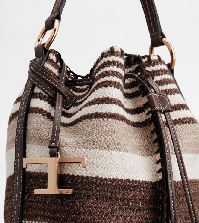 Tod's Women Bucket Bag in Fabric and Leather Small 602L84436 Brown