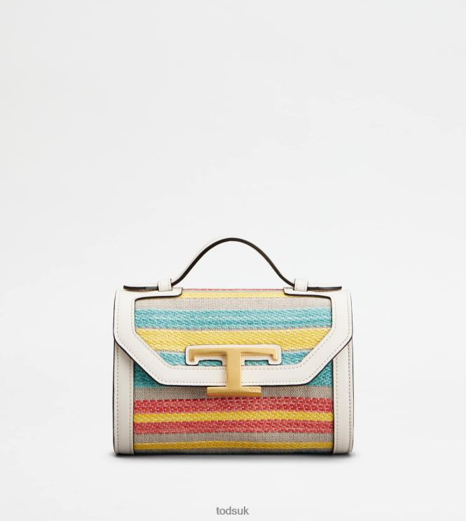 Tod's Women T Timeless Crossbody Bag in Fabric and Leather Micro 602L84452 Off White/Light Blue/Yellow