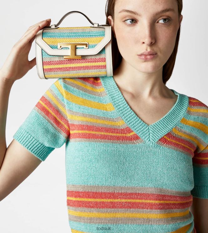 Tod's Women T Timeless Crossbody Bag in Fabric and Leather Micro 602L84452 Off White/Light Blue/Yellow