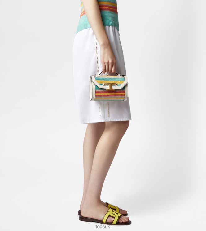 Tod's Women T Timeless Crossbody Bag in Fabric and Leather Micro 602L84452 Off White/Light Blue/Yellow