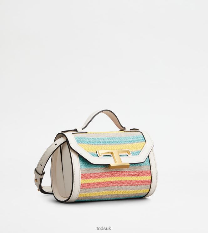 Tod's Women T Timeless Crossbody Bag in Fabric and Leather Micro 602L84452 Off White/Light Blue/Yellow