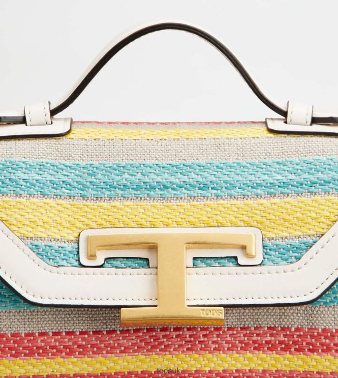 Tod's Women T Timeless Crossbody Bag in Fabric and Leather Micro 602L84452 Off White/Light Blue/Yellow