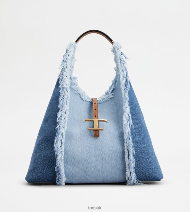 Tod's Women T Timeless Hobo Bag in Denim and Leather Medium 602L84389 Light Blue/Brown