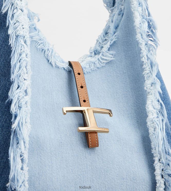 Tod's Women T Timeless Hobo Bag in Denim and Leather Medium 602L84389 Light Blue/Brown