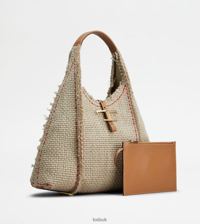 Tod's Women T Timeless Hobo Bag in Fabric and Leather Medium 602L84390 Beige