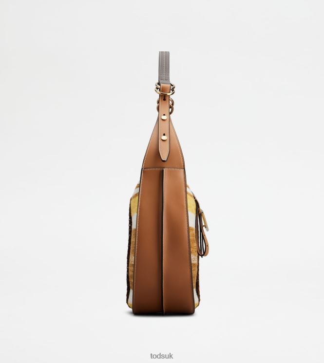 Tod's Women T Timeless Hobo Bag in Leather and Fabric Medium 602L84413 Brown