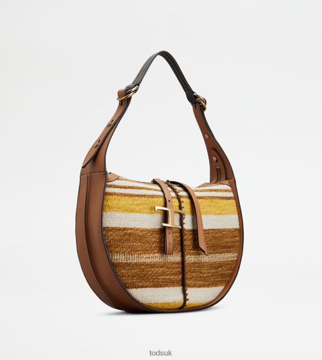 Tod's Women T Timeless Hobo Bag in Leather and Fabric Medium 602L84413 Brown