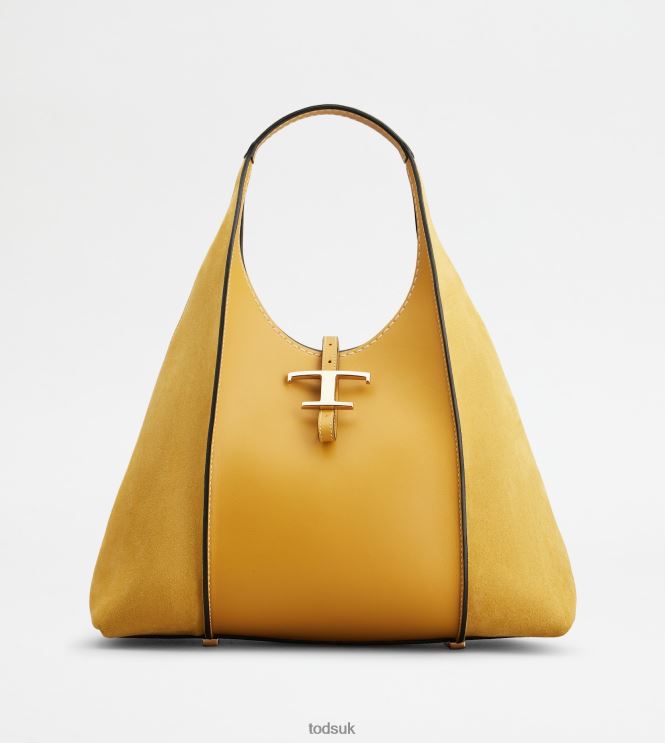 Tod's Women T Timeless Hobo Bag in Smooth Leather and Suede Medium 602L84388 Yellow