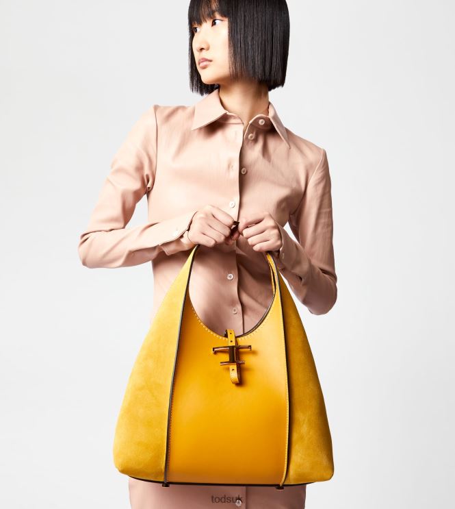 Tod's Women T Timeless Hobo Bag in Smooth Leather and Suede Medium 602L84388 Yellow