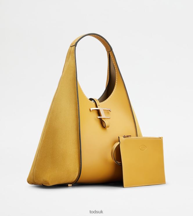 Tod's Women T Timeless Hobo Bag in Smooth Leather and Suede Medium 602L84388 Yellow