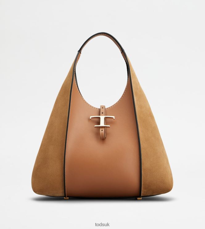 Tod's Women T Timeless Hobo Bag in Smooth Leather and Suede Medium 602L84421 Brown