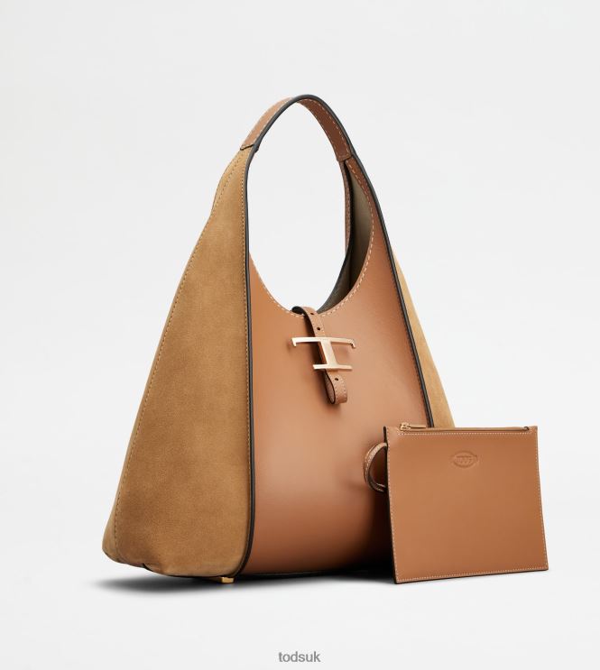 Tod's Women T Timeless Hobo Bag in Smooth Leather and Suede Medium 602L84421 Brown