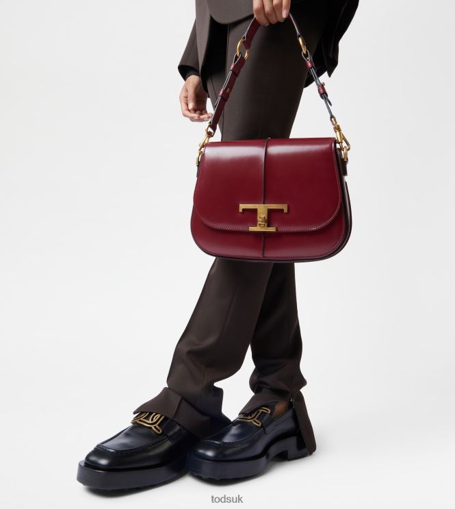 Tod's Women T Timeless Shoulder Bag in Leather Mini 602L84411 Burgundy