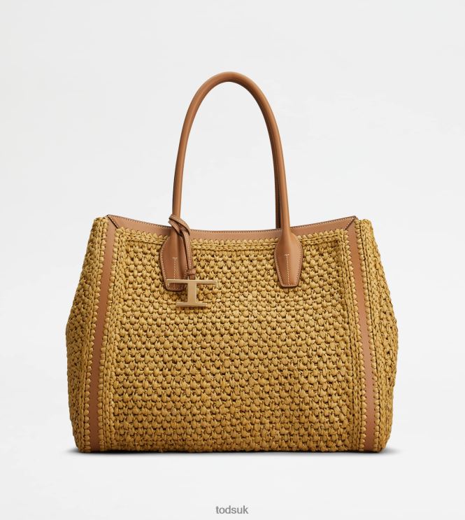 Tod's Women Shopping Bag in Raffia and Leather Medium 602L84294 Beige/Brown