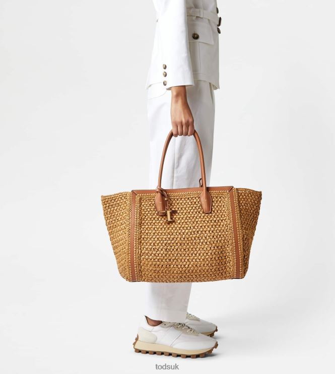 Tod's Women Shopping Bag in Raffia and Leather Medium 602L84294 Beige/Brown