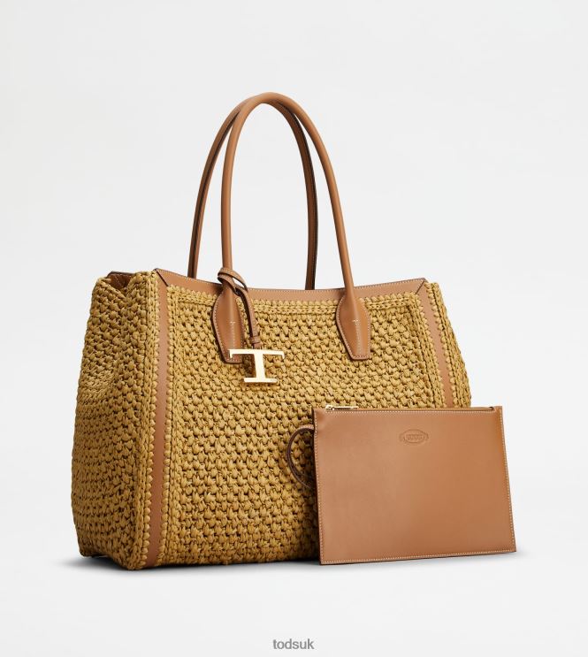 Tod's Women Shopping Bag in Raffia and Leather Medium 602L84294 Beige/Brown