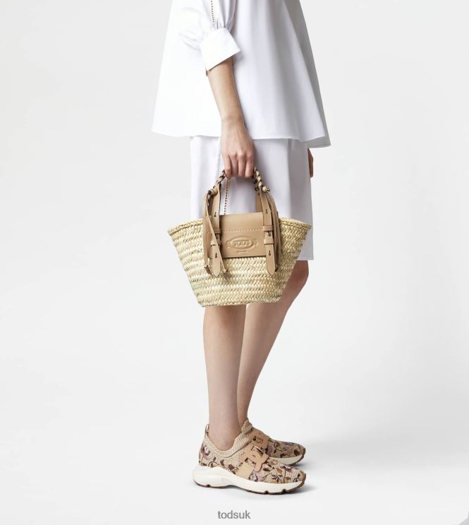 Tod's Women Shopping Bag in Straw and Leather Small 602L84332 Beige