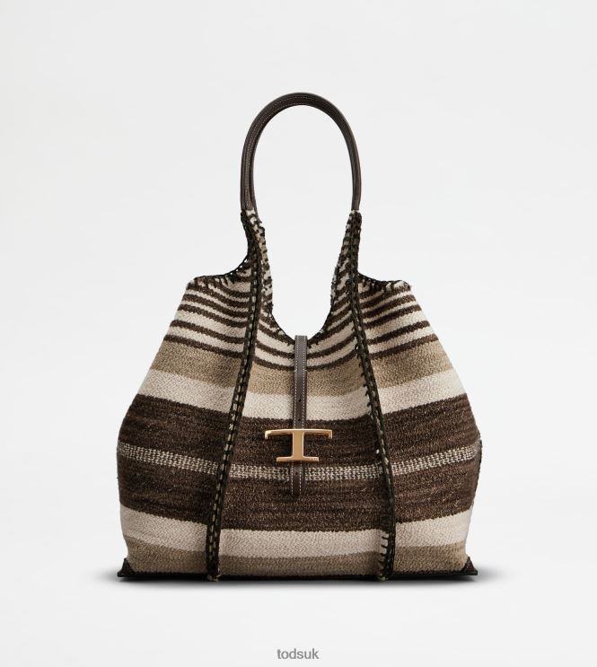 Tod's Women T Timeless Shopping Bag in Fabric and Leather Medium 602L84289 Brown