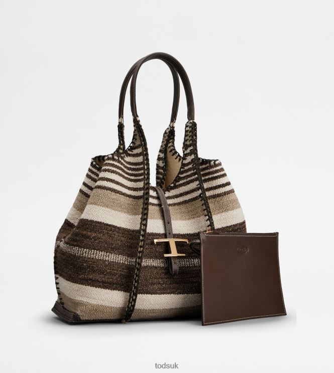 Tod's Women T Timeless Shopping Bag in Fabric and Leather Medium 602L84289 Brown