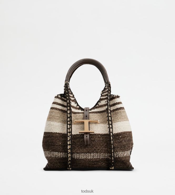 Tod's Women T Timeless Shopping Bag in Fabric and Leather Mini 602L84290 Brown