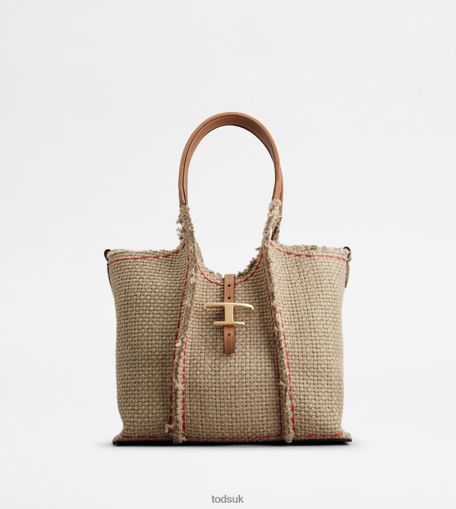 Tod's Women T Timeless Shopping Bag in Fabric and Leather Small 602L84291 Beige