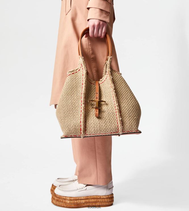 Tod's Women T Timeless Shopping Bag in Fabric and Leather Small 602L84291 Beige