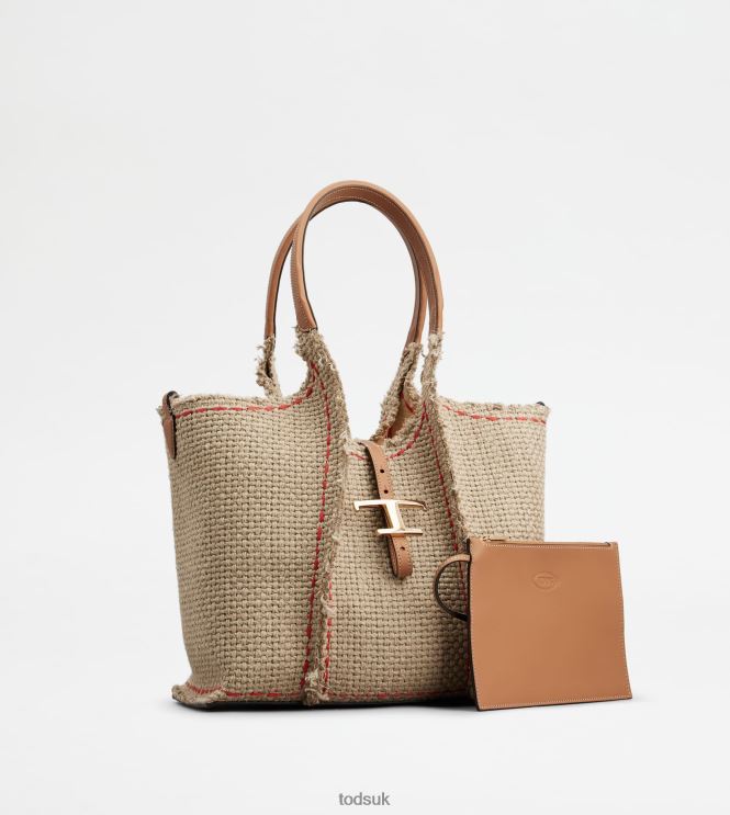 Tod's Women T Timeless Shopping Bag in Fabric and Leather Small 602L84291 Beige