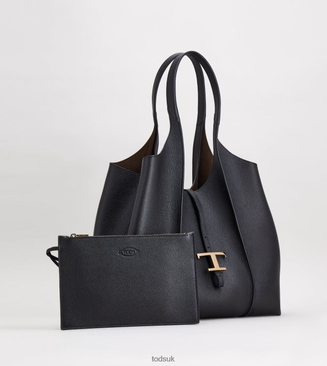 Tod's Women T Timeless Shopping Bag in Leather Medium 602L84305 Black