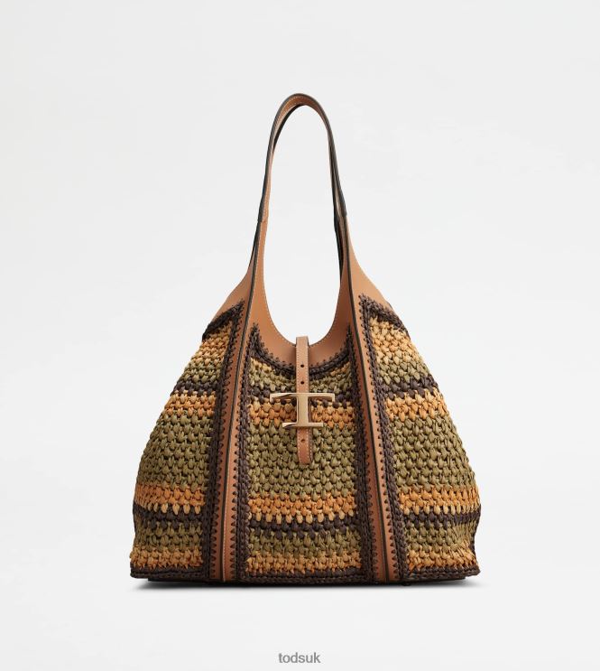 Tod's Women T Timeless Shopping Bag in Leather and Fabric Medium 602L84253 Brown/Beige/Green
