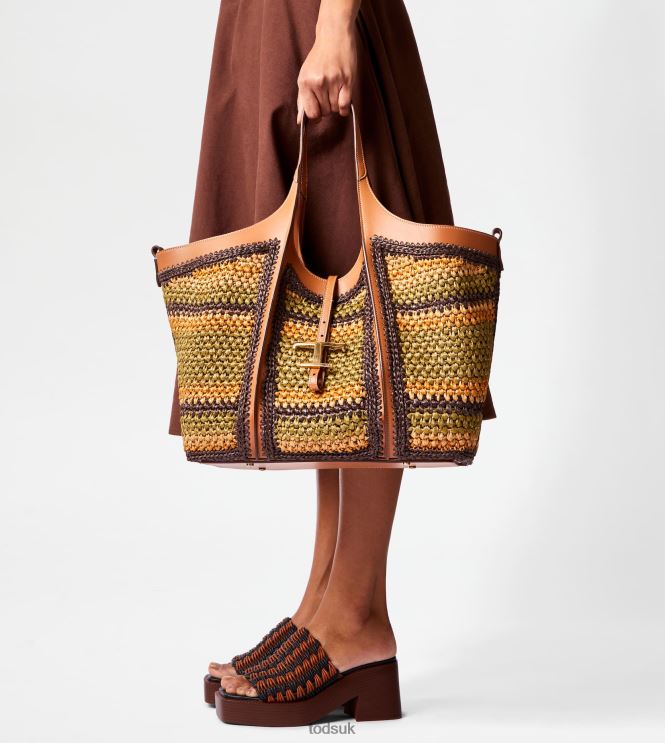 Tod's Women T Timeless Shopping Bag in Leather and Fabric Medium 602L84253 Brown/Beige/Green