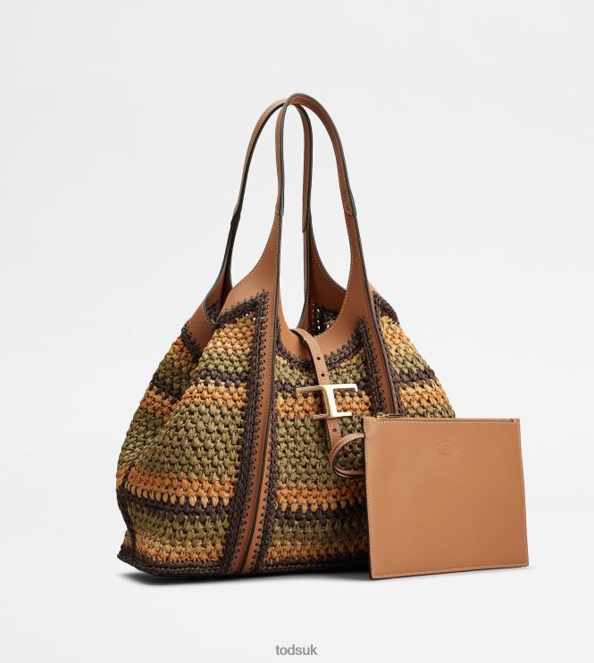 Tod's Women T Timeless Shopping Bag in Leather and Fabric Medium 602L84253 Brown/Beige/Green