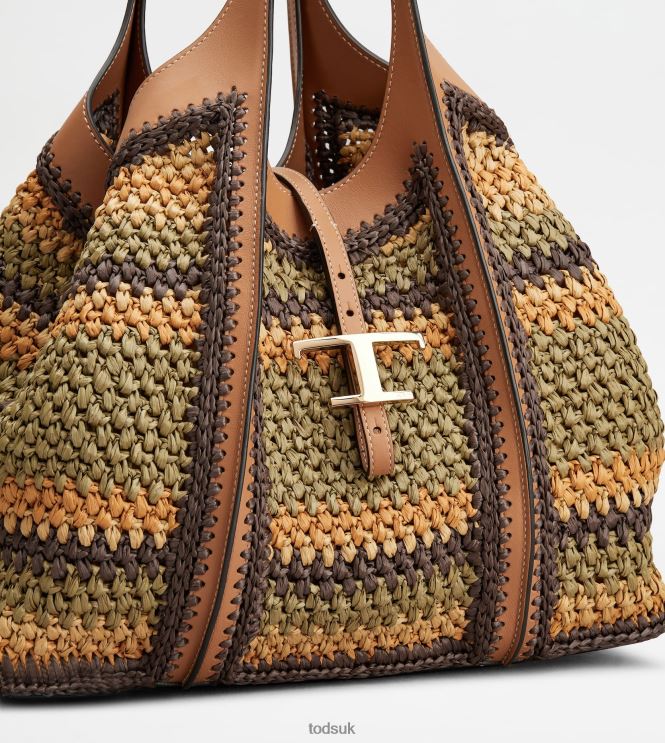 Tod's Women T Timeless Shopping Bag in Leather and Fabric Medium 602L84253 Brown/Beige/Green