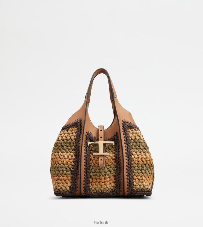 Tod's Women T Timeless Shopping Bag in Leather and Fabric Mini 602L84254 Beige/Orange/Green