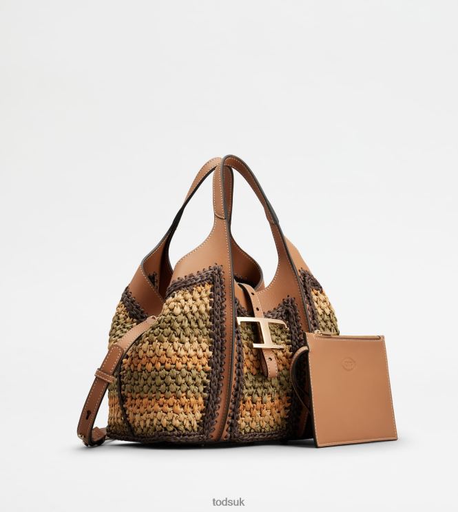 Tod's Women T Timeless Shopping Bag in Leather and Fabric Mini 602L84254 Beige/Orange/Green